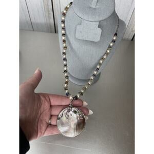 Vintage Pearl & Multicolor Glass Gems Jewel Tones Abalone Pendent (removable)